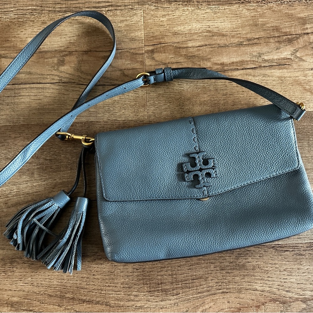 Tory Burch Women Blue Brunerra Mcgraw Pebbled Leather Crossbody Handbag Bag